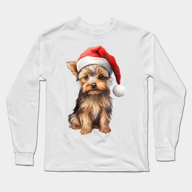 Yorkshire Terrier Dog in Santa Hat Long Sleeve T-Shirt by Chromatic Fusion Studio